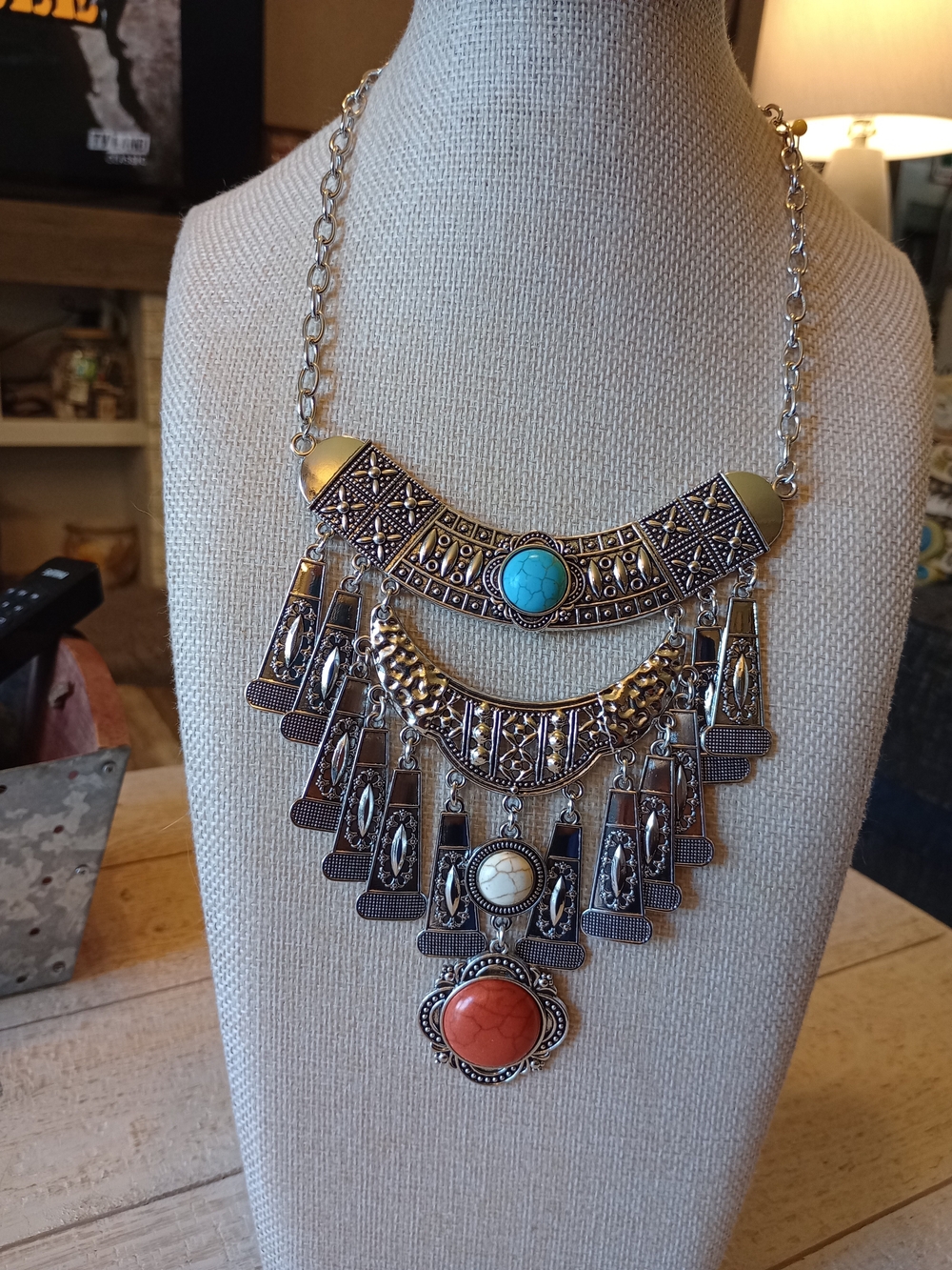 Boho Statement Pendant Necklace with Turquoise and Coral Accents